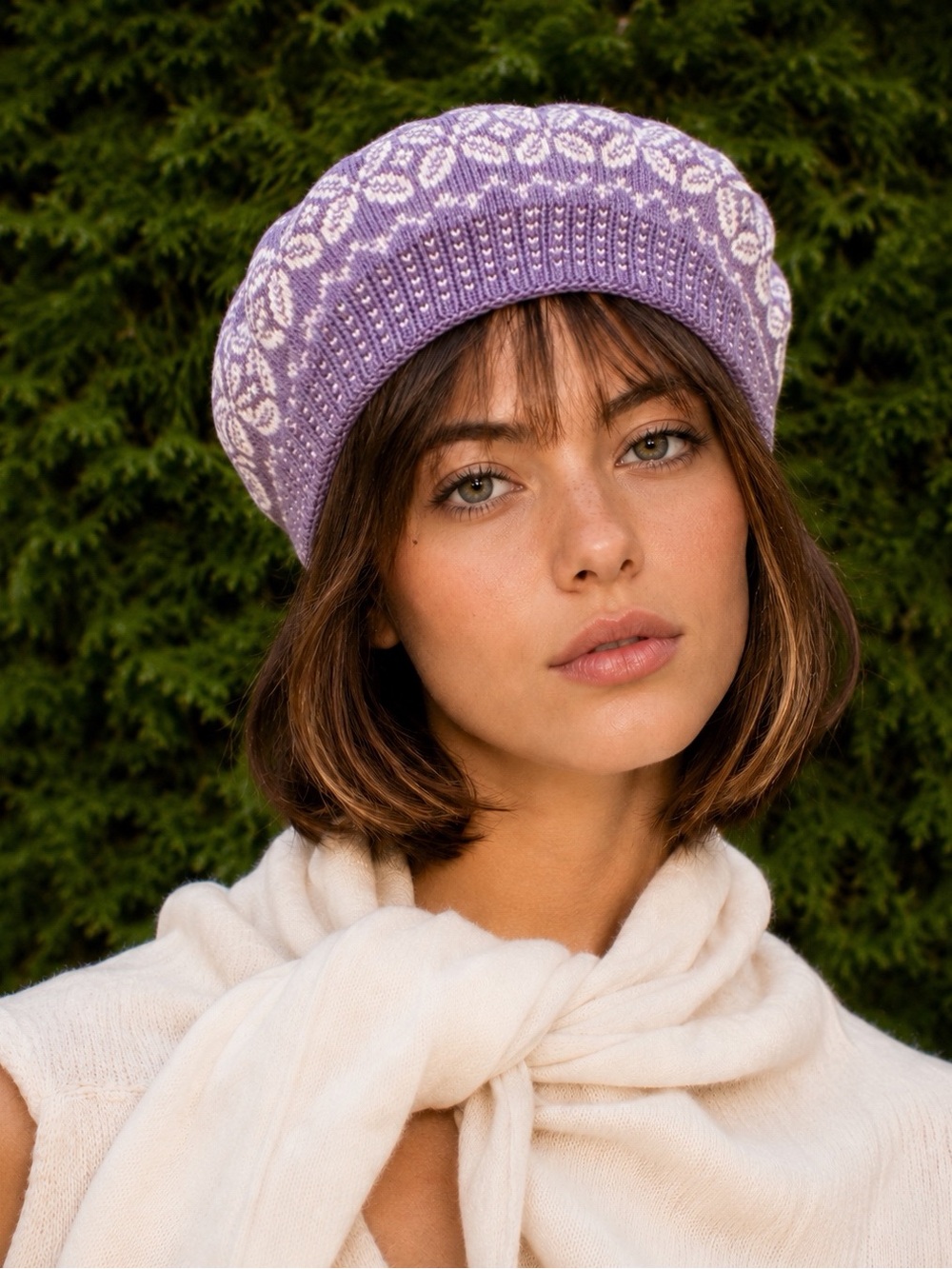Women's hand knit beret hat tam ivory purple fair isle pattern cozy handmade